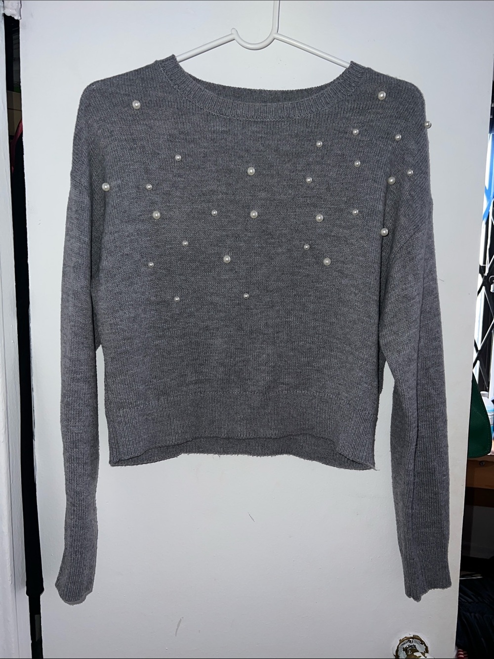 H&M Grey Crewneck Sweater with Pearl Accents
